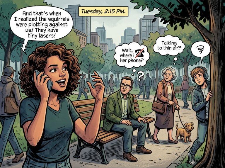Woman talking on phone in park mentioning squirrels with tiny lasers; confused man questions her phone; elderly woman wonders if she talks to thin air; teenager with headphones puzzled.