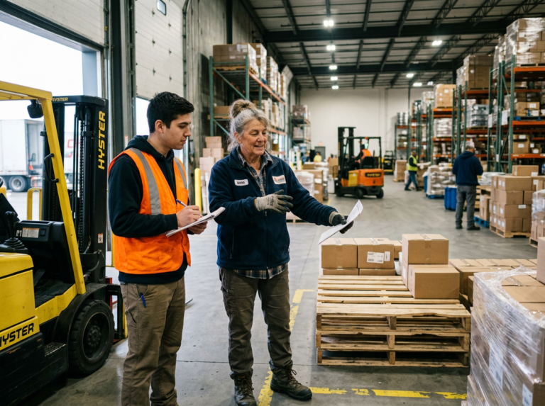 Two warehouse workers reviewing inventory paperwork by stacks of pallets and boxes