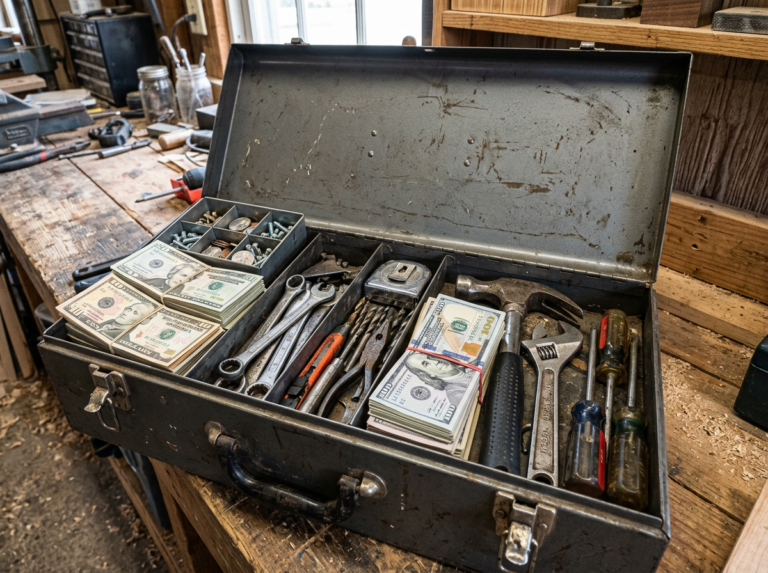 Money as tool inside toolbox with tools