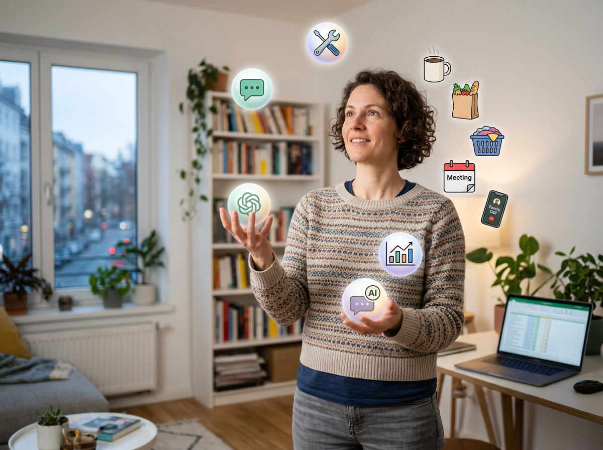 Person juggling AI tools and life tasks