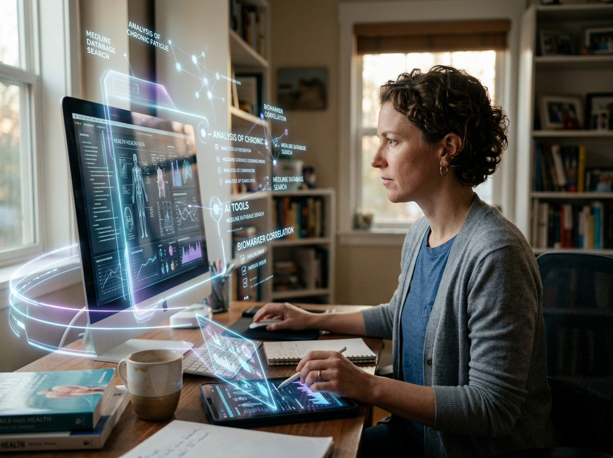 Researcher using computer and tablet with augmented reality health data displays