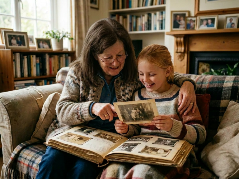 Grandmother and granddaughter looking at old family photographs in an album