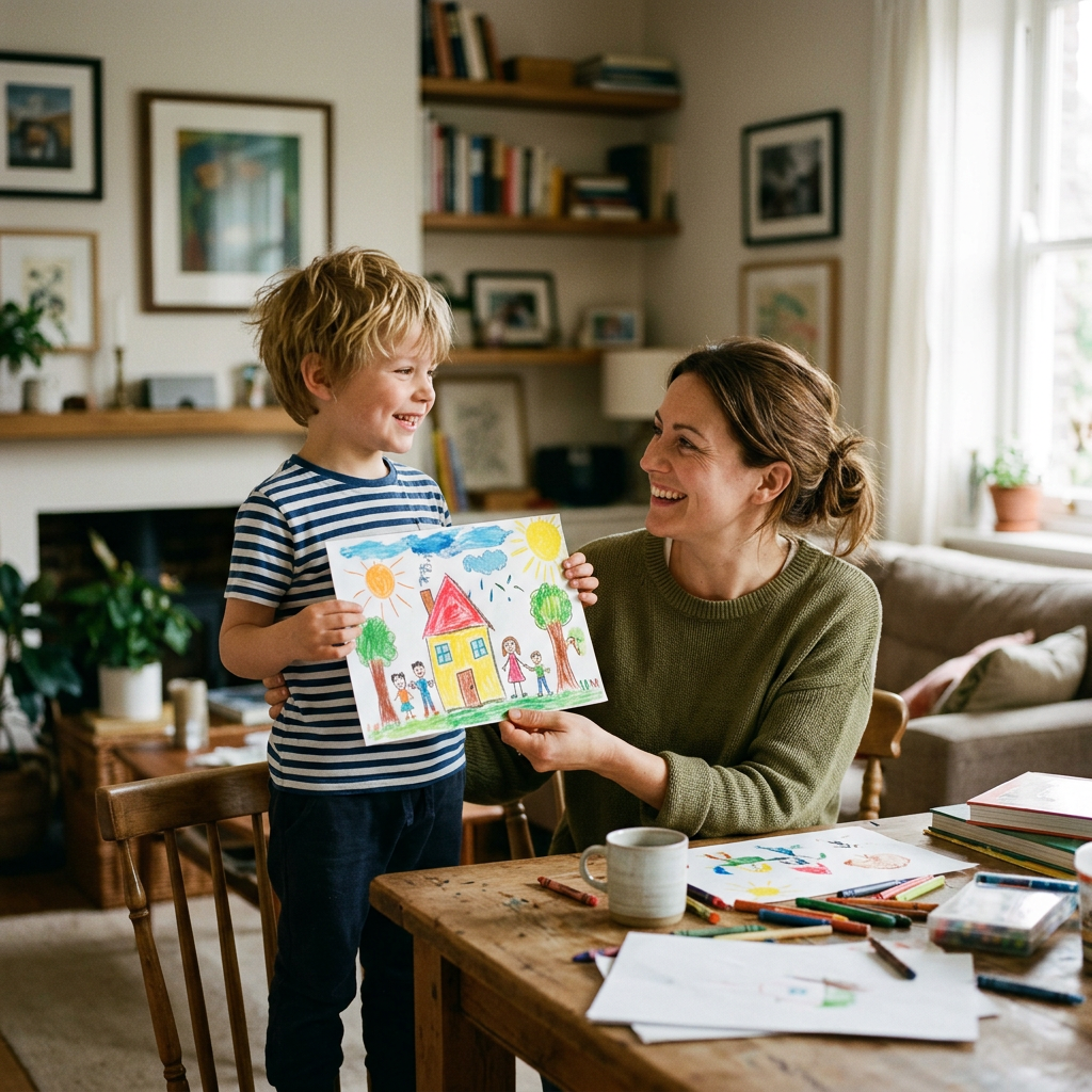 Young boy showing artwork to mother at home