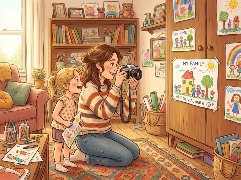 Mother kneeling with camera photographing child's family drawings on wooden cabinet