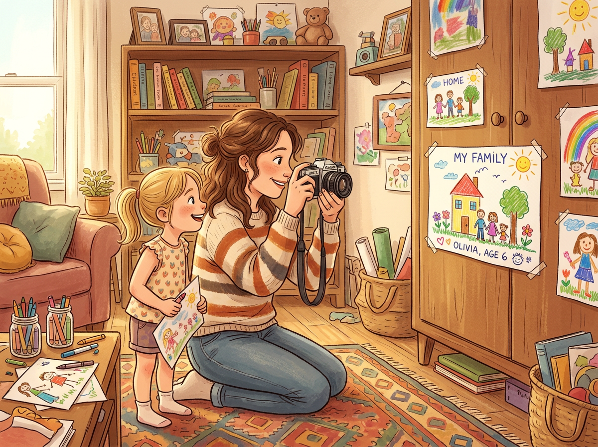 Mother kneeling with camera photographing child's family drawings on wooden cabinet