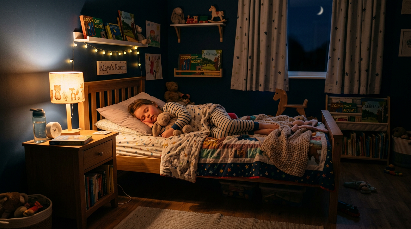 Child sleeping with teddy bear in a warmly lit bedroom