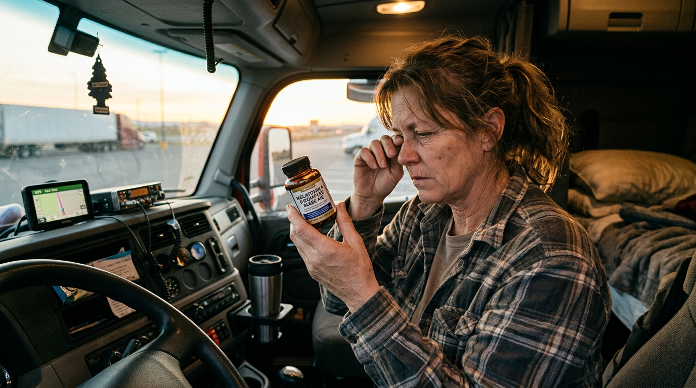 Woman in truck cab examining a bottle labeled nighttime sleep aid