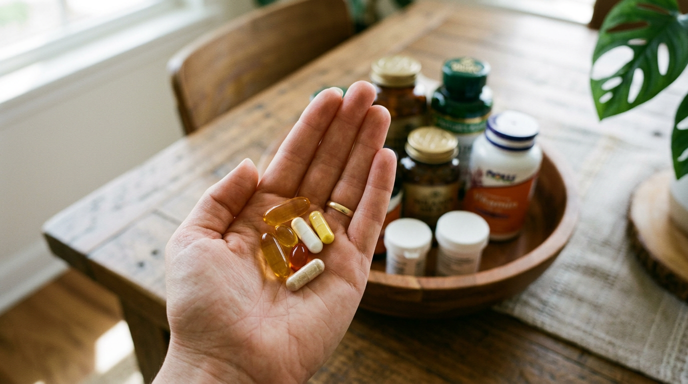Hand holding assorted vitamin supplements beside supplement bottles