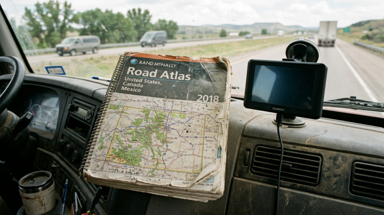 Worn 2018 Rand McNally road atlas beside a Garmin GPS on dashboard