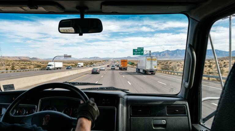 View from truck cab driving on desert interstate toward mountains