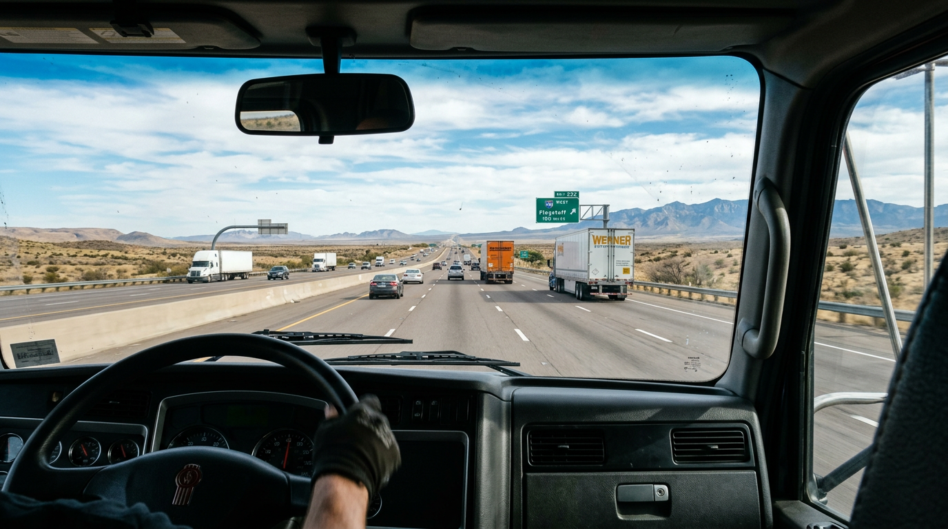 View from truck cab driving on desert interstate toward mountains